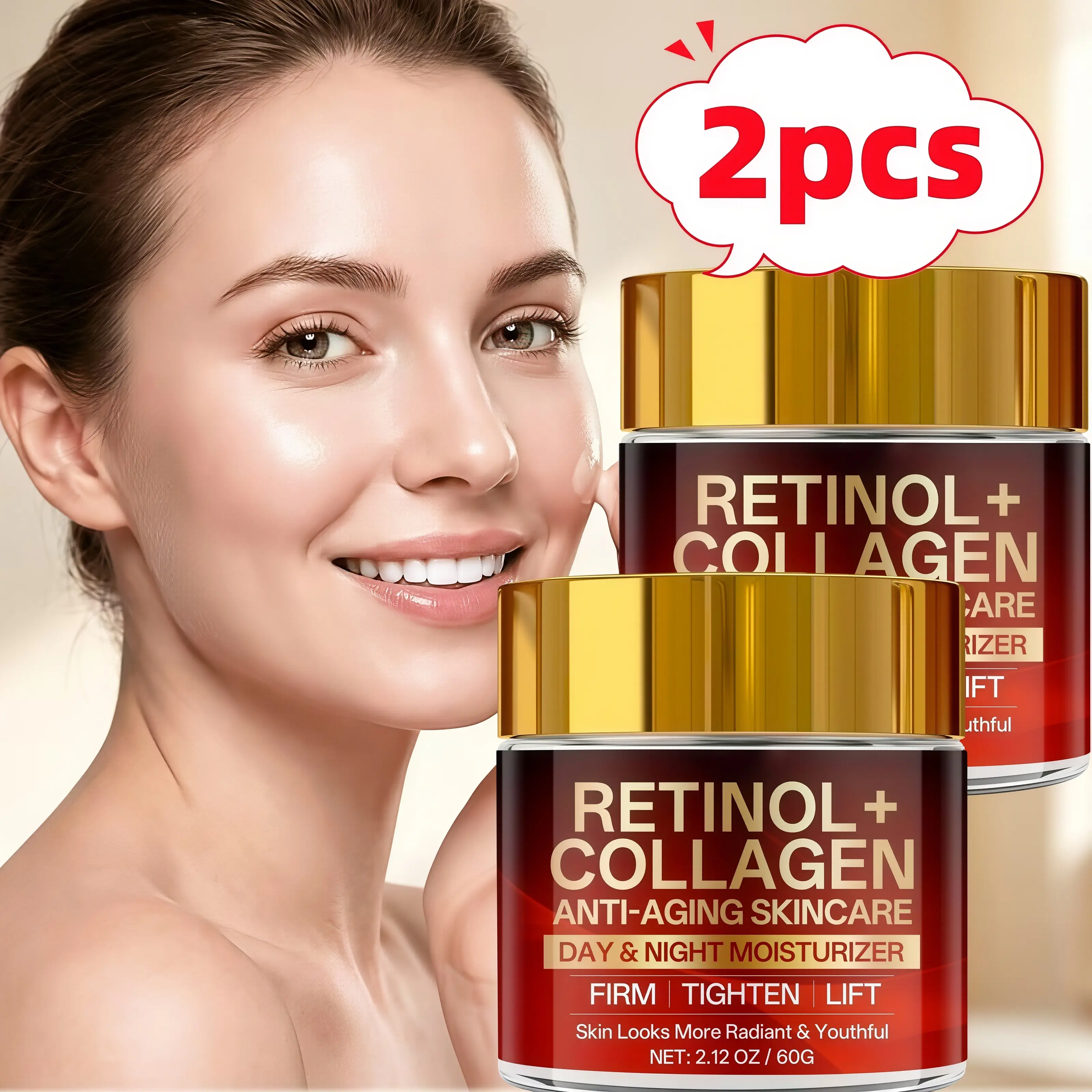 Retinol firming cream, containing collagen and hyaluronic acid, moisturizes the skin, enhances gloss, and makes your skin look fuller and more elastic, morning and night cream for daily facial care, neck cream, skin care products, travel cans