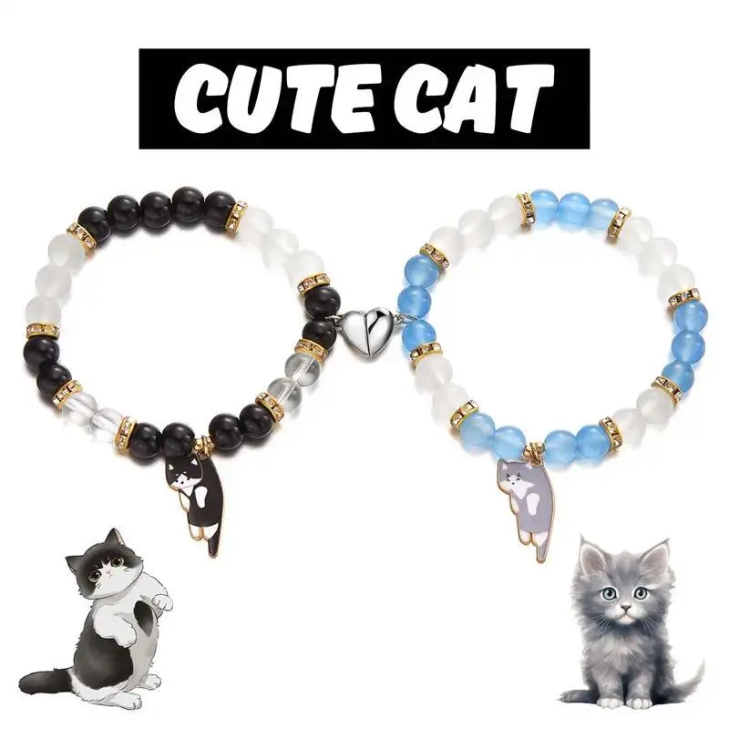 Couples Bracelets, 2-Piece Magnetic Cat Pendant Set, Matching Rope Wristbands, Romantic Accessories for BF and GF, Matching Bf And Gf, Bracelet Sets