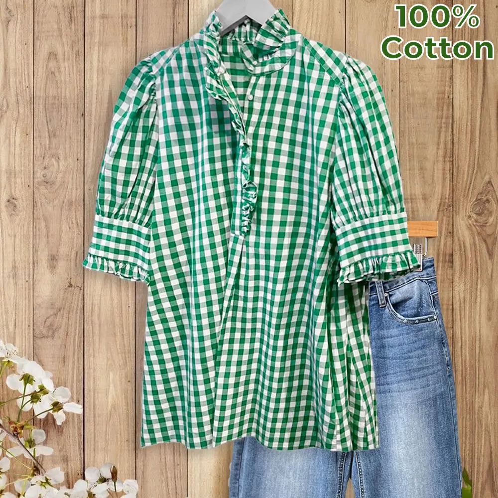 SageVell 100% Cotton Green/Khaki/Red/Blue Gingham Check Shirt with Ruffle Neckline & Puff Sleeves Medium Length Women's Fashion Top Runs Large