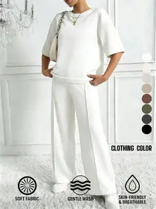 Women's Solid Color Casual Basic Minimalist Two-Piece Set, Comfortable Loose Fit Co-ord Set for Spring and Summer, Perfect for Daily Wear and Sports