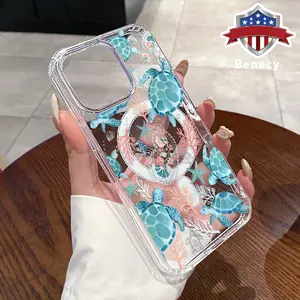 Magnetic Soft Case for iPhone 15 16 14 Pro Max 13 12 11 XR XS Plus E Cyan Turtle Pattern Anti-Yellowing Shockproof ultra-thin Silicone Crystal Transparent Acrylic Large Hole Cover Supports Wireless Charging