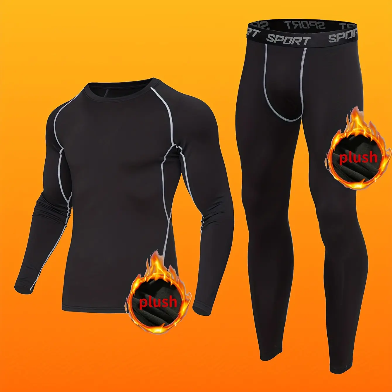 Male High Quality Fitness Thermal Underwear Tracksuit - Fleece-Lined, Elastic Long Sleeves Crew Neck Top & Tights, Sport Athletic Compression Base Layer Activewear