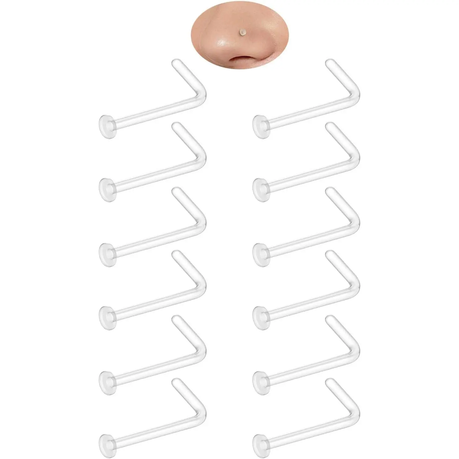 Clear Nose Stud for Work Women and Men Set - 12Pcs 18G 20G Bioflex Plastic L Shape Nose Rings Body Clear Piercing Retainer Flat Top Size 2mm for Sports Surgery Earring Lip Nose New Perforation