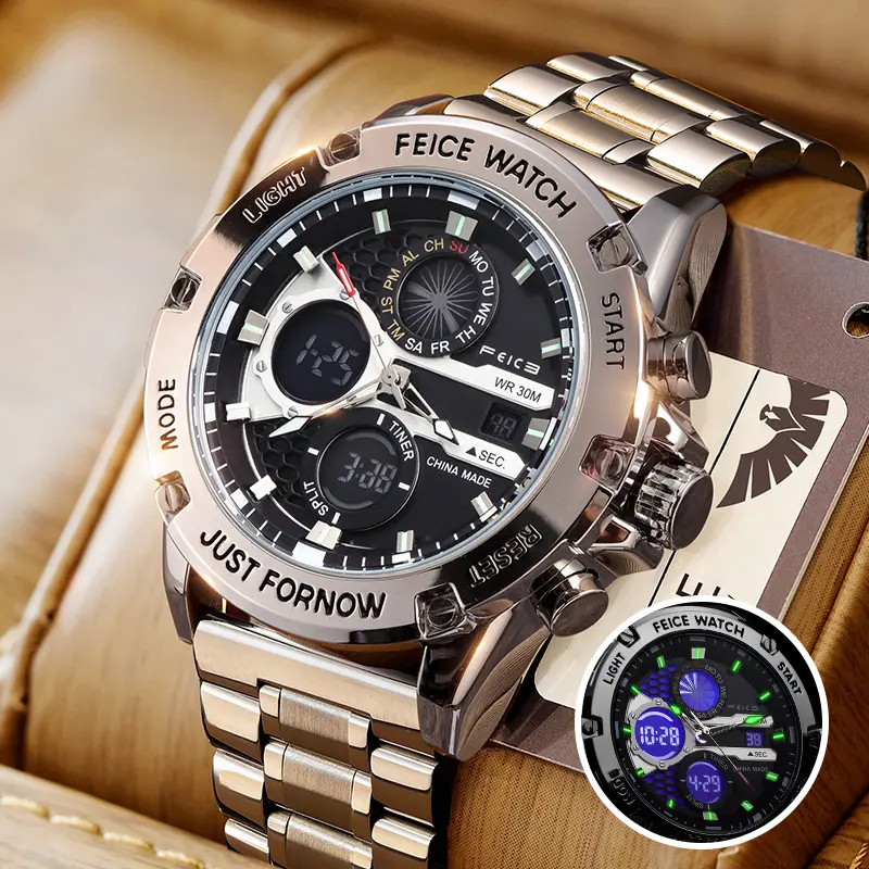 FEICE Men's Fashionable Watches, Stainless Steel Business Casual Chronograph with Pedometer, Luminous Quartz Dial and Leather Strap, 47mm