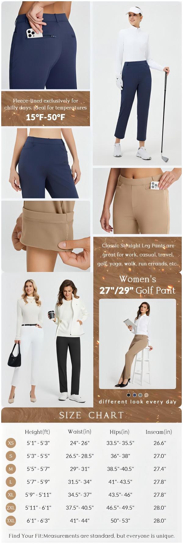 BALEAF Women's 27"/29" Winter Fleece Lined Straight Leg Business Casual Pants High Waisted Stretch Work Pants with Belt Loops Pockets Water Resistant Golf Travel Office Commuter Everyday Wear UPF 50+
