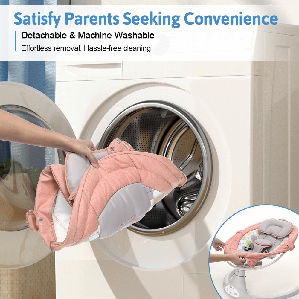 COMOMY Baby Swing for Infants with 5 Natural Sway Speeds, Portable Bt Music Baby Swing with Remote Control & 5-Point Harness, Hands-Free Baby Soother, Lightweight Baby Rocker for 5-20 Lb, 0-6 Months, Pink, Valentine's Day