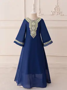 Girl Clothes Kids Kids Girls Clothing Muslim Dress Toddler Robes Patchwork Embroidered Pageant Child Ball Gown Elegant Princess 4 to 7 Years