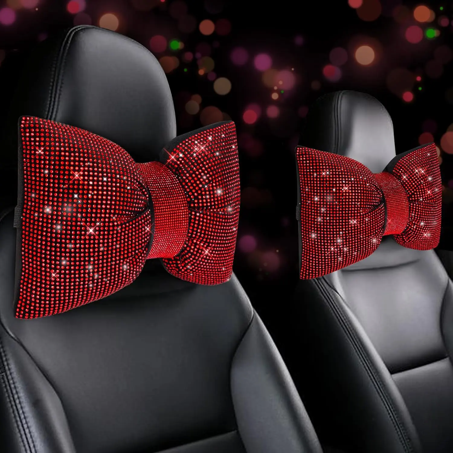 2 count Bling  Pillows,Rhinestones Bowknot  Headrest Pillow,  Pillow for Driver Relax Necksupport,Sleeping Travel Support  Pillow,Shiny  Interior Accessories for Women,Red