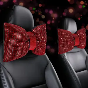 2 count Bling  Pillows,Rhinestones Bowknot  Headrest Pillow,  Pillow for Driver Relax Necksupport,Sleeping Travel Support  Pillow,Shiny  Interior Accessories for Women,Red
