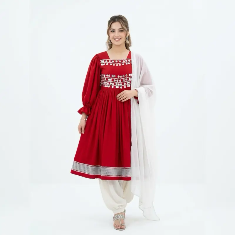 Women's Afghani Barosha Wedding Dress - Black Traditional Style with Silver Embellishments, Long Puff Sleeves, Button Detail for Casual Wear