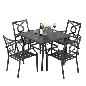 5 Piece Metal Patio Dining Set Wrought Iron Patio Furniture, 4 Stackable Patio Chairs and Square Patio Dining Table with 1.57 Inch Umbrella Hole for Lawn, Backyard, Balcony, Black