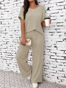 Women's Casual Basic Ribbed Material Two-Piece Set, Womenswear Short Sleeve Fitted Top and Long Regular Pants, All Seasons Fashion Outfit
