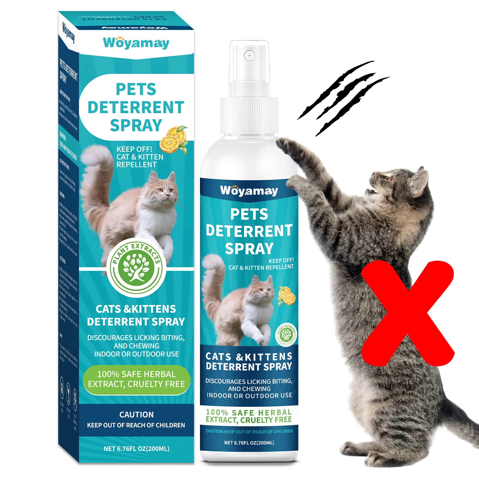 Woyamay 7 oz Natural Formula Cat Scratching Deterrent Spray - No Furniture Damage, Pet Repellent for Kittens, Indoor & Outdoor Use to Stop Scratching & Chewing, 200Ml
