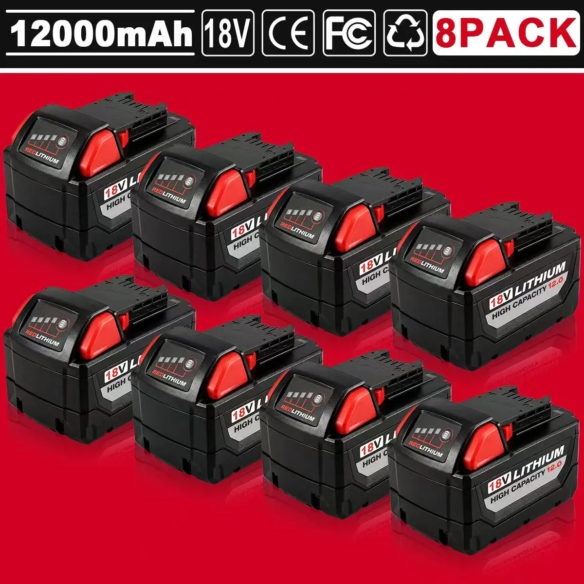 8-Pack 18V 12.0Ah Li-ion Replacement Batteries for Milwaukee M18 Series, Compatible with 48-11-1865, 48-11-1850, Impact Wrenches, Rugged Shell, Multi-Protection, Plug-and-Play Cordless Tool Accessories,toolupgrade