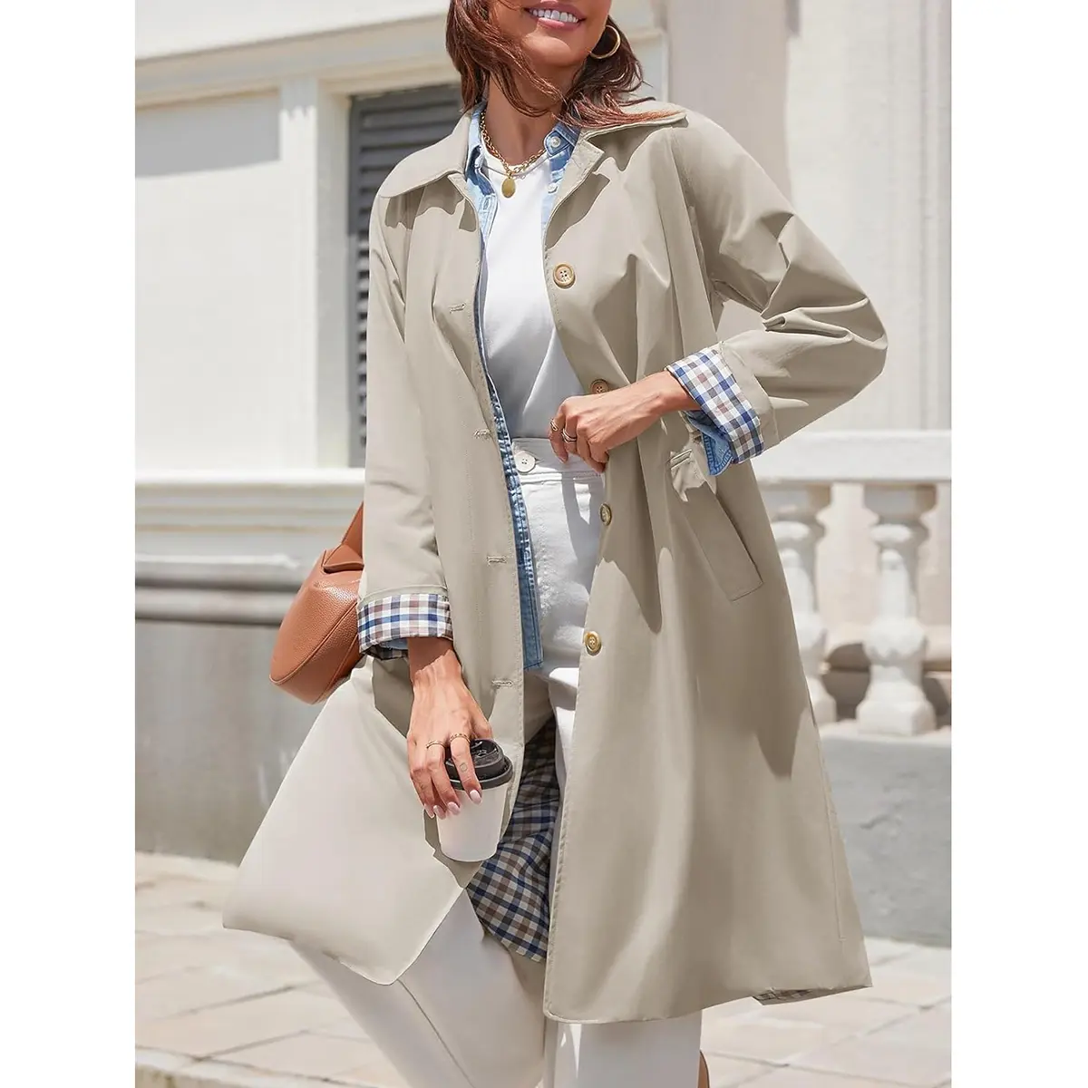 Mibbory Women's Long Trench Coat Single Breasted Oversized Windproof Overcoat Fashion Mid-Length Trench Coat Fashion Basic Casual Outerwear Autumn Fashion Tops