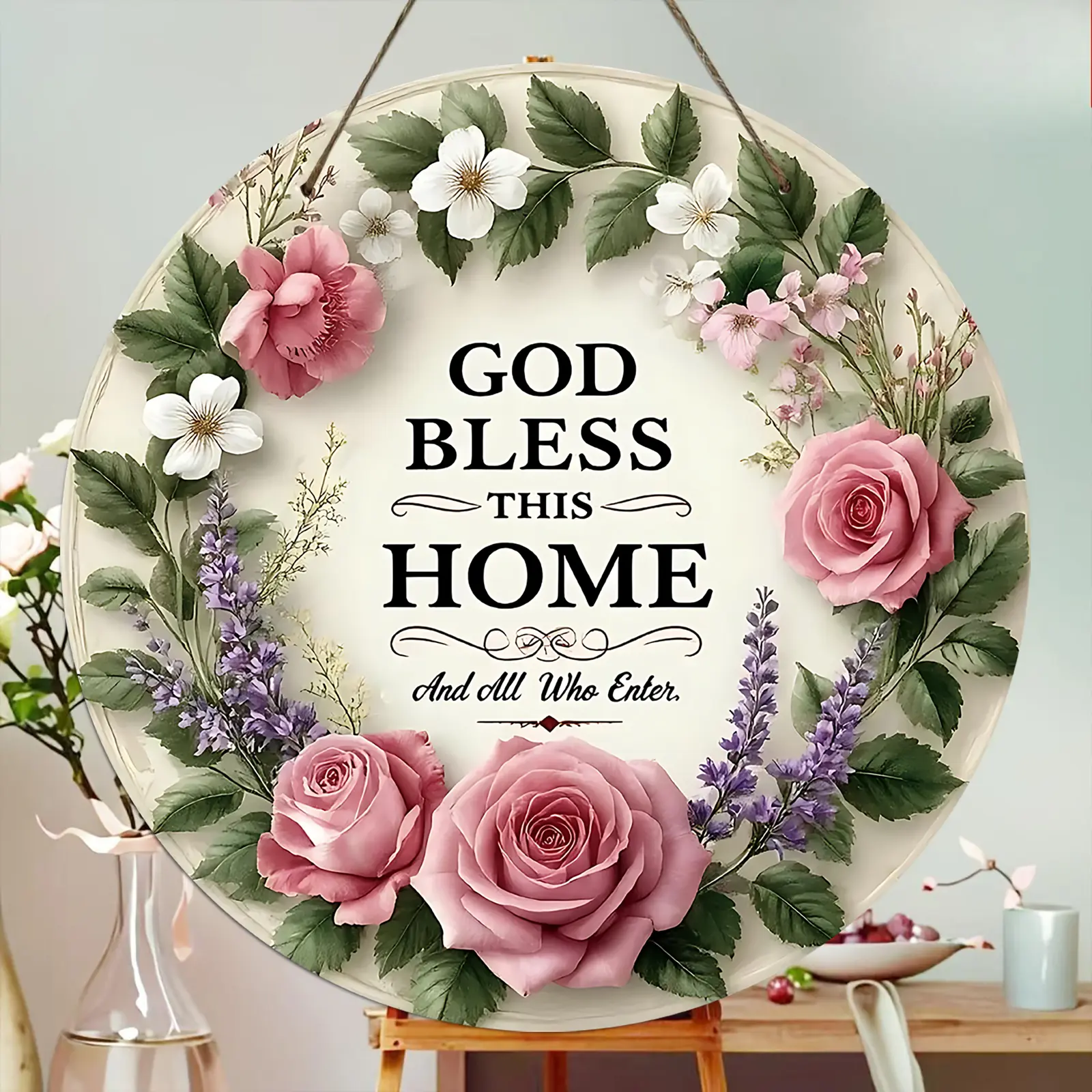 【Summer Sale Deals】God Bless This Home Floral Round Door Sign, Christian Welcome Wreath Decor with Pink Rose Lavender, Farmhouse Religious Wall Art Plaque for Home Entryway Living Room