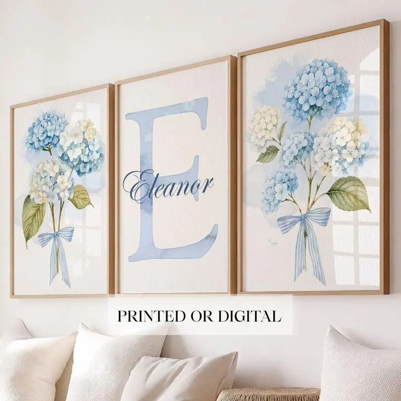 Personalized Blue or Pink Hydrangea Wall Art Prints, Flower Botanical Pastel Nursery Decor, Cottagecore Pastel Floral Wall Decor (Set of 3) Helga