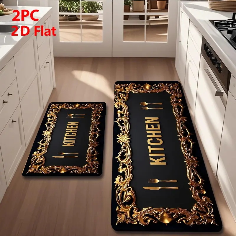 2pcs/3pcss Flannel Kitchen Mat Set with Embossed Base, Non-Slip Absorbent Kitchen Area Rugs, Kitchen Floor Mats for Home Decor