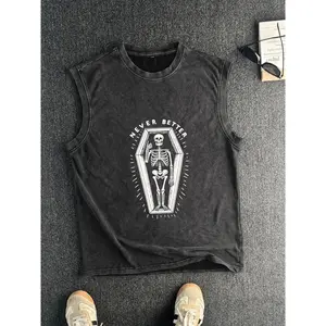 Men's "Never Better" Skeleton Coffin Graphic Tank Top, Vintage Washed Cotton Sleeveless Tee, Gothic Streetwear Crew Neck Vest