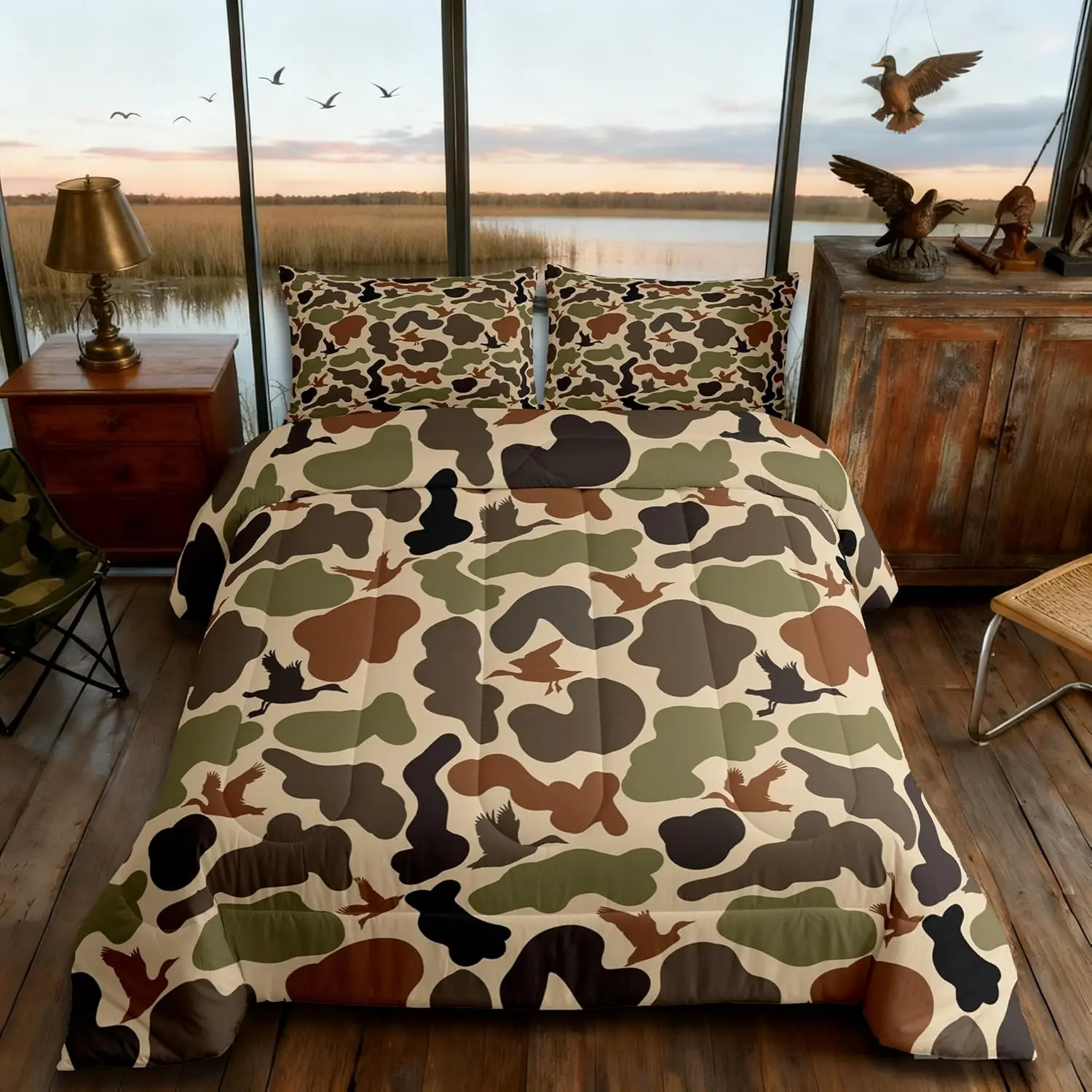 Army Green Camo Comforter Set,Duck Silhouette Quilted Duvet Men Adult Room Decor,Hunting Camouflage Brown Bedding Set,Hunt Wild Animals Down Comforter