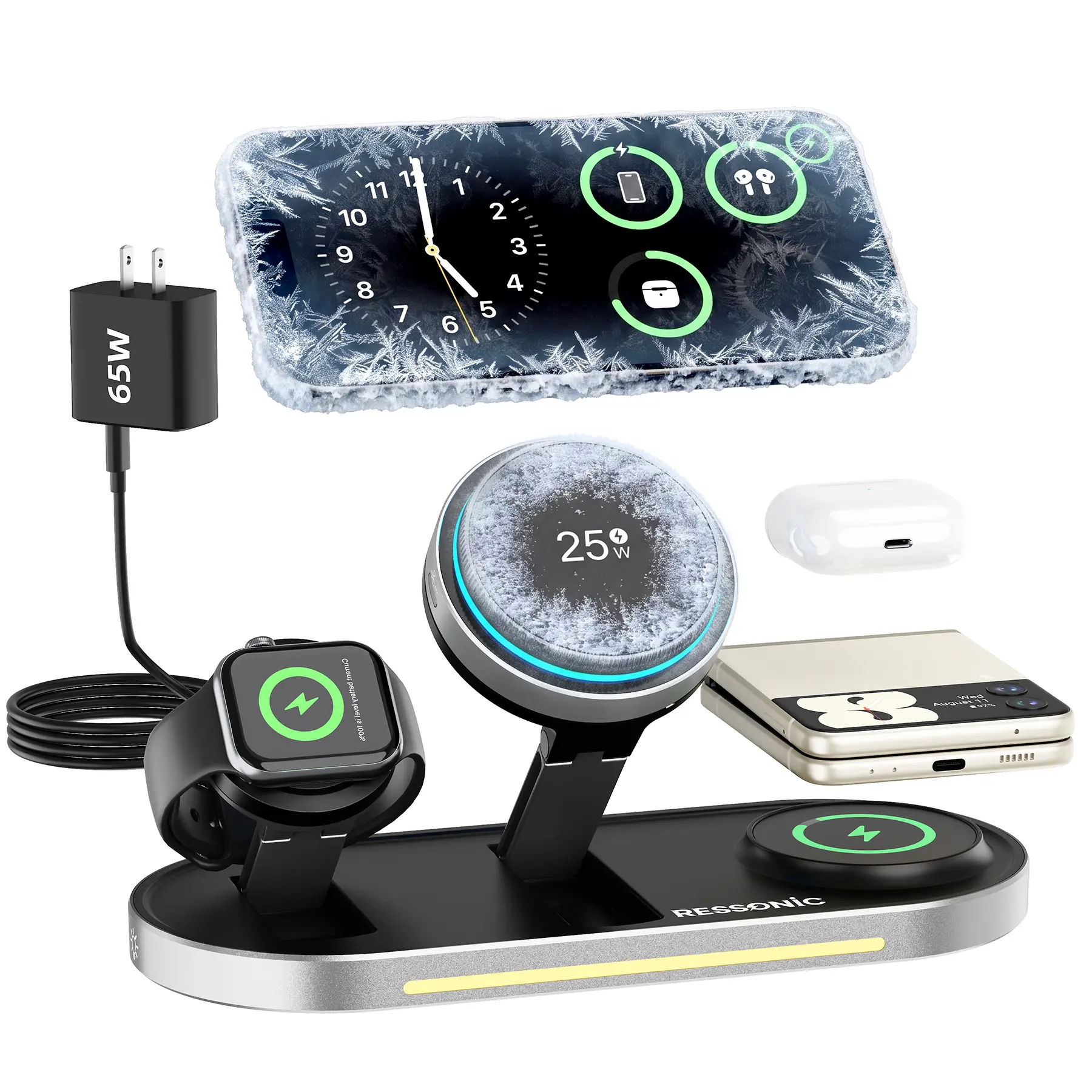 Dual Wireless Charger for Apple & Samsung, 25W 3 in 1 Fast Magnetic Charging Station with Cooling Fan for MagSafe iPhone/Galaxy Watch & AirPods/Earbuds, Desk & Bedside Night Stand(with 65W Adapter)