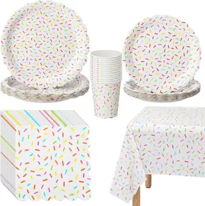 97 Pcs Confetti Sprinkles Tableware Set Include Tablecloth 24 Paper 24 Large 24 Small 24 Paper Cups for Sprinkle Wedding Birthday Decorations (Scalloped)