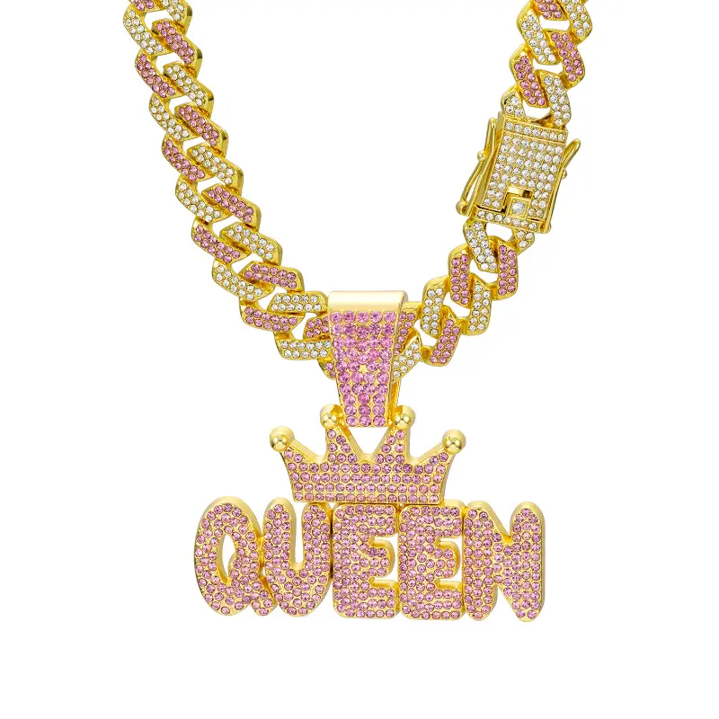 Women's Hip-Hop Crown Necklace, Blush Pink Letter Pendant with Diamond Accents on a Zinc Alloy Cuban Chain, 51-60cm, Diamond Detail Necklaces, Hip-Hop Inspired Necklaces