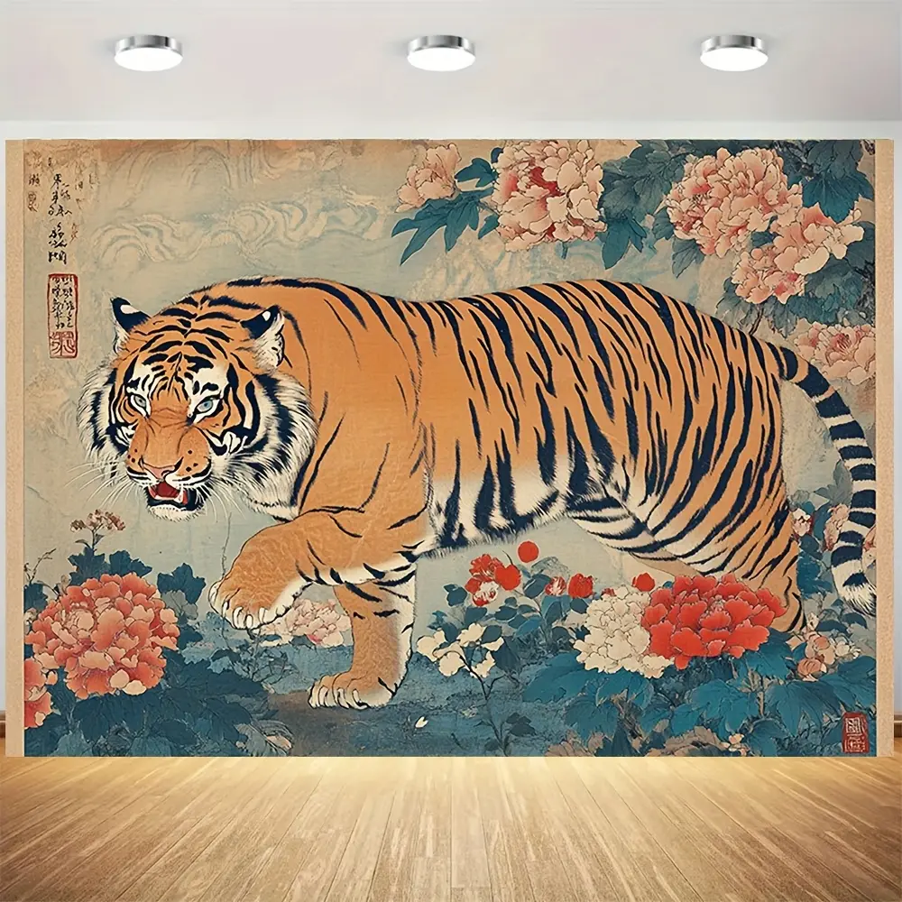 1pc Vibrant Tiger & Floral Art Wall Tapestry - Katsushika Hokusai Inspired, Polyester Fiber, 5 Sizes Available - Modern Home Decor, Event Backdrop, Photo Booth Prop, Event Decoration | Traditional Japanese Style | Durable Wall Art, Large Wall Art