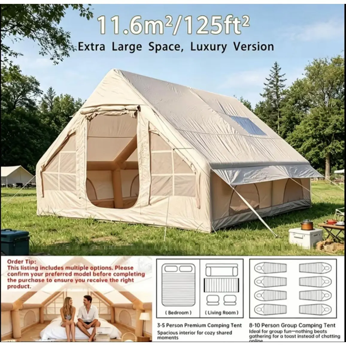 Inflatable Camping Tent 11.6m²/125ft² Extra Large Luxury Version for 4-6 Person 4 Season Portable Glamping House with Manual Pump Easy Setup Windproof Outdoor Shelter Clear Bubble Sports
