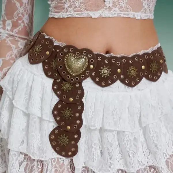 Women's Boho Style Heart Design Pu Buckle Belt, Vintage Ethnic Pattern Decorative Belt for Women, Daily Clothing Decor, Trendy All-match& Exquisite Belt for Birthday Gift