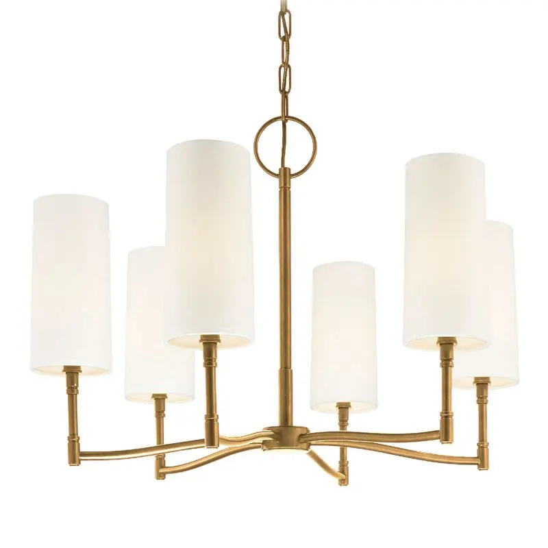 Dillon 6-Light Chandelier with Off-White Linen Shades in Aged Brass or Old Bronze Finish
