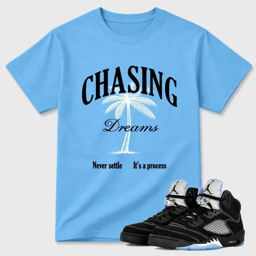 Chasing Dream Shirt To Match 5 Retro Black University Blue White 2026, Black/University Blue Sneaker Matching Shirt, Cotton Unisex Graphic T-Shirt