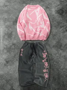 Men's Fashion Casual Two-Piece Set, Soft Comfortable Round Neck Sweater and Drawstring Straight Leg Pants, Spring Fall Winter Home Wear