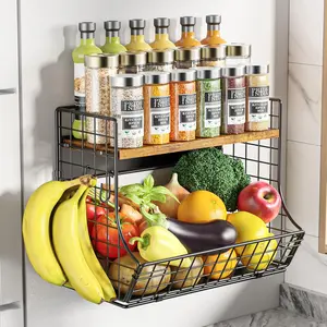 Magnetic Shelf for Fridge with Wood Lid, Fruit Potato and Onion Storage Bins, Pantry Organizers and Storage, Strong Magnetic Spice Rack, Condiment Storage Rack for Refrigerator, Kitchen Counter and Laundry Room, Wooden