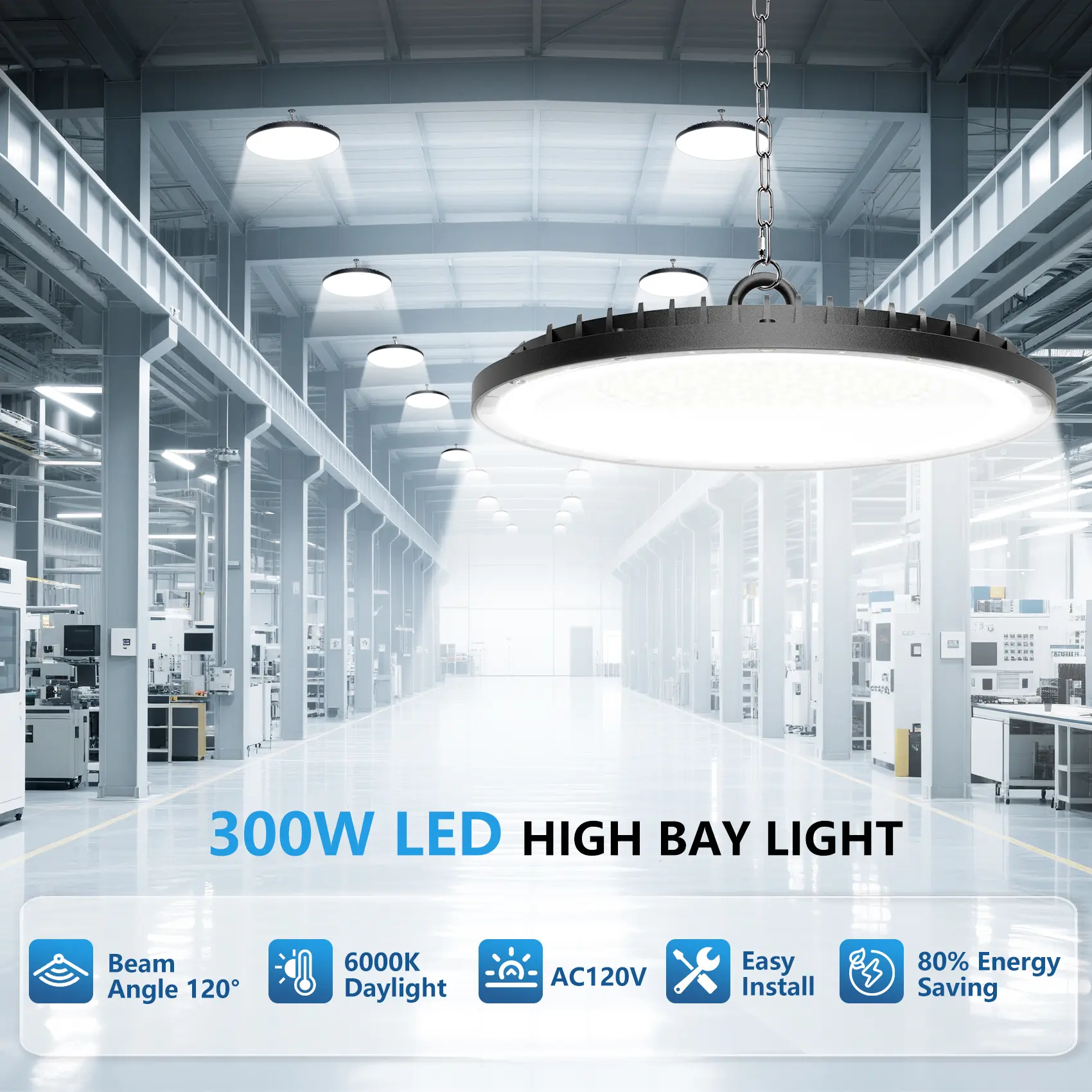 300W UFO LED High Bay Light Commercial Industrial Lighting for Warehouses and Retail Spaces 45,000 Lumens, Includes US Standard Plug and Suspension Chain, 6000K Daylight Color Temperature, Safe and Efficient