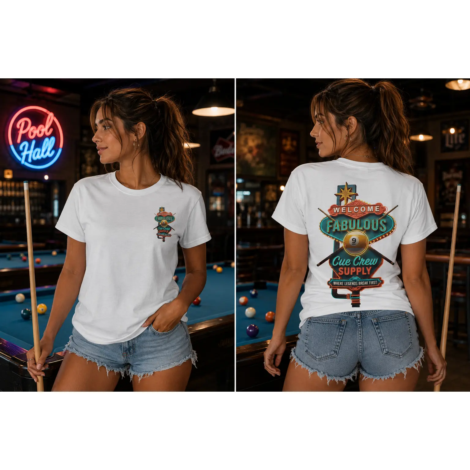 Welcome to Fabulous Cue Crew Supply Billiards T-Shirt | Las Vegas Pool Player Graphic Tee | Front & Back Print