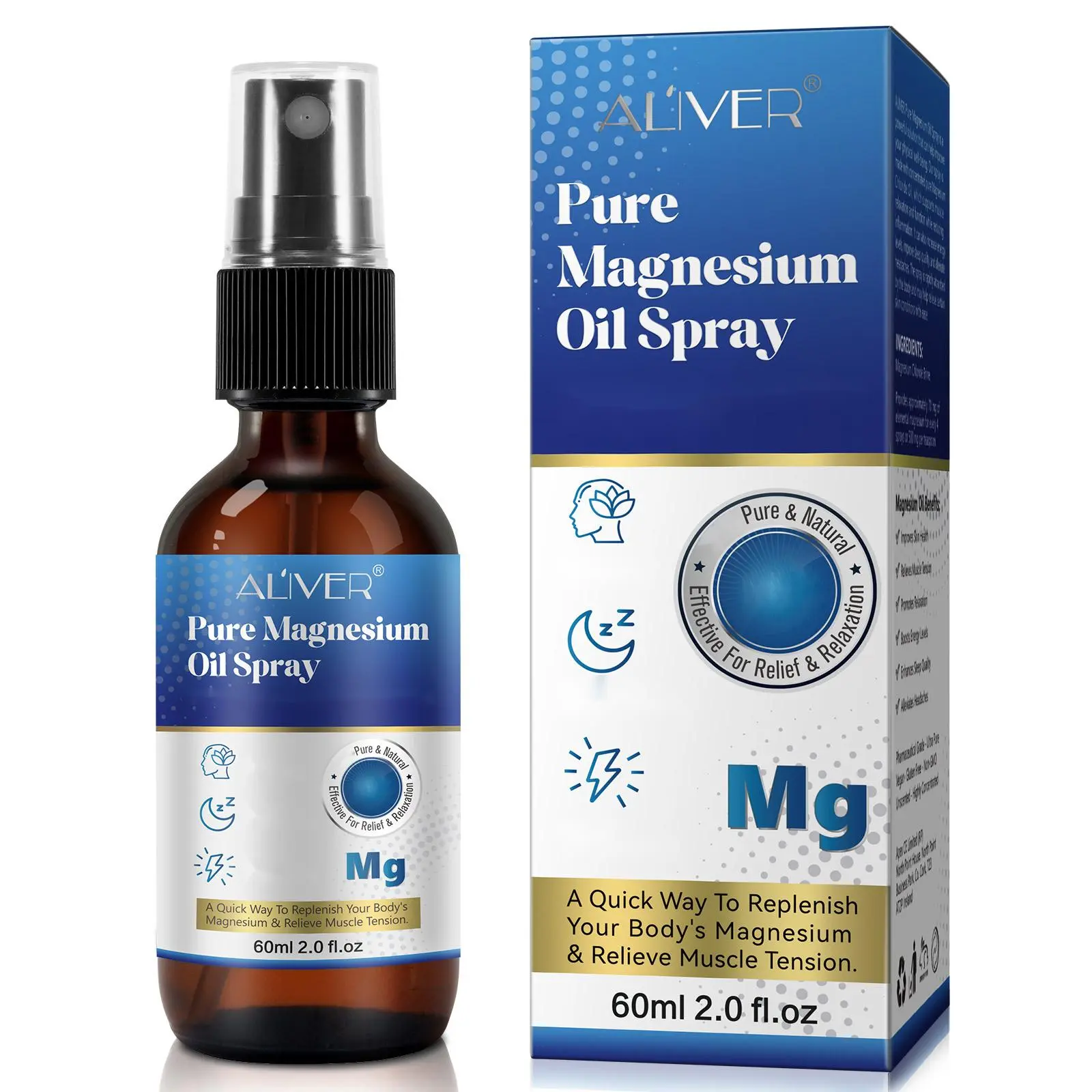 [NEW]Aliver Pure Magnesium Oil Spray -  Magnesium Chloride Body Spray, Soothing Muscle & Stress Relief Support*, Glass Bottle 60ml, TikTok Viral Wellness Spray