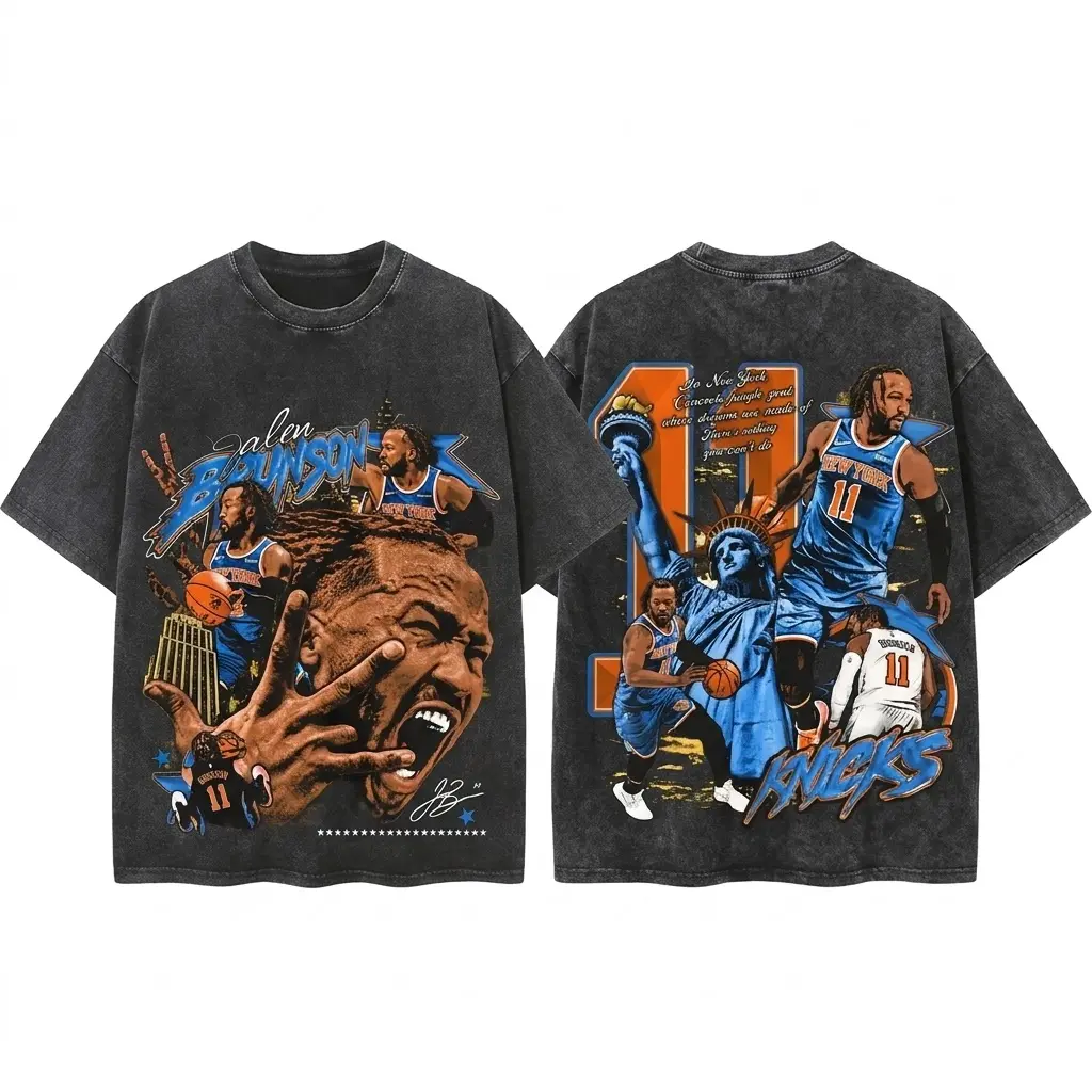 Jalen Brunson New York Basketball Graphic T Shirt Acid Wash Oversized Vintage Heavyweight Cotton Tee 90s Bootleg Retro Streetwear NYC Hoops Gym Pump Cover Athletic Activewear Casual Top Men Women Y2K Trendy Fits