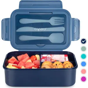 Classic Bento Box Adult Lunch Box for Older Kids - Leakpoof 47 oz 3-Compartment Containers for Adults and Teens, Built-in Utensil Set, Ideal for On-the-Go Balanced Eating, Navy Blue