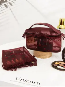 Heart Pattern Makeup Bag, /set Mesh Fabric Love Heart Embroidery and Lace Trim Makeup Bag, Large Capacity Makeup Storage Bag, Portable Mesh Makeup Bag, Makeup Organizer, Makeup Organizer Pouch