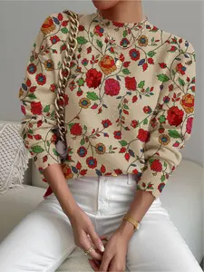 Women's Floral Print Stand Collar Sweater, Casual Long Sleeve Knitwear for Fall Winter, Comfortable Warm Daily Wear