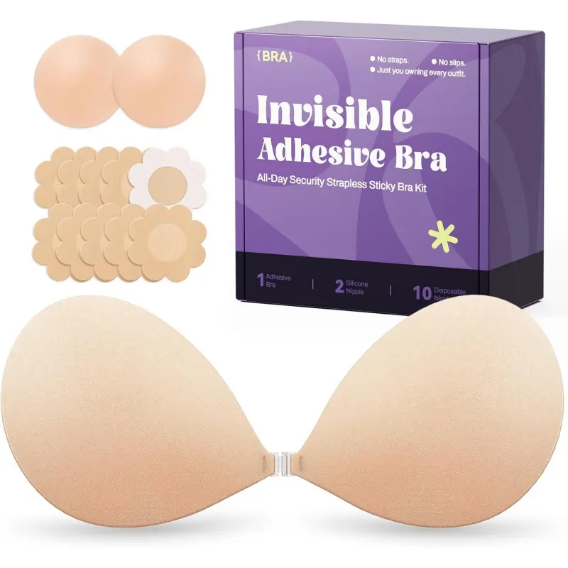 Invisible Strapless Sticky Bra Push up for Women, Ultra Adhesive Bra for Backless Dress, Cleavage Bra Lift with Pasties Kit (D Cup, Beige) - TikTok Shop Invisible Strapless Sticky Bra Push up for Women, Ultra Adhesive Bra for Backless Dress, Cleavage Bra Lift with Pasties Kit (D Cup, Beige) - TikTok Shop