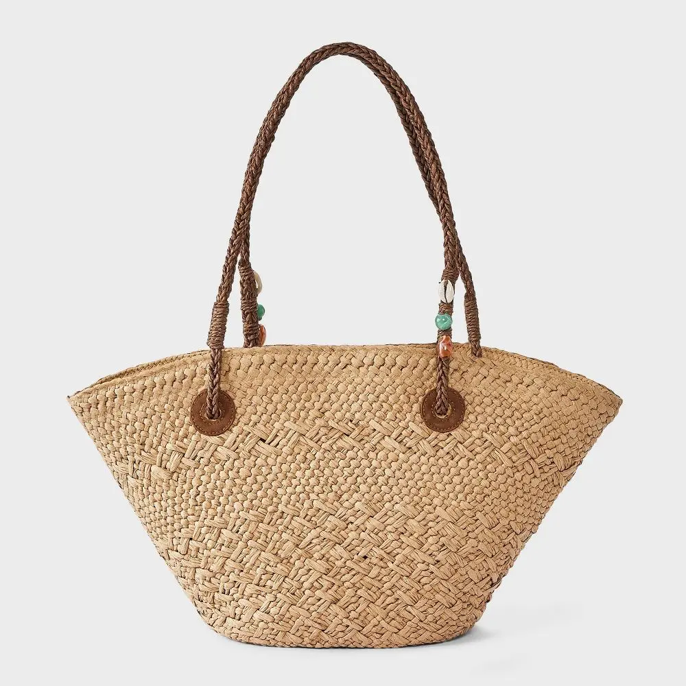 Women's Hand Woven Straw Bead Strap Fan Tote Bag - A New Day Natural, Straw Tote Handbag, Bohemian Casual Purse, Everyday Purse, Bags for Everyday, Tote Bags, Basket Weave