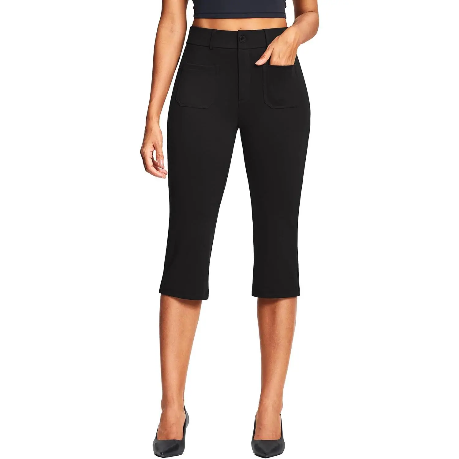 Women's 18" Capri Pants, Lightweight Slim Fit Stretch Polyester Bottoms for Dressy Casual Summer Office Wear with Pockets and Belt Loops, Feminine, Elegant, Day, Fitted