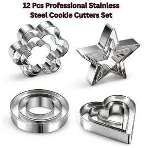 12-Pack Stainless Steel Metal Cookie Cutters Set, Bakeware Utensils with Heart, Flower, Round, Star Shapes - Mini Biscuit Cutters for Baking Cookies, Fondant Dough, Holiday Party Decoration
