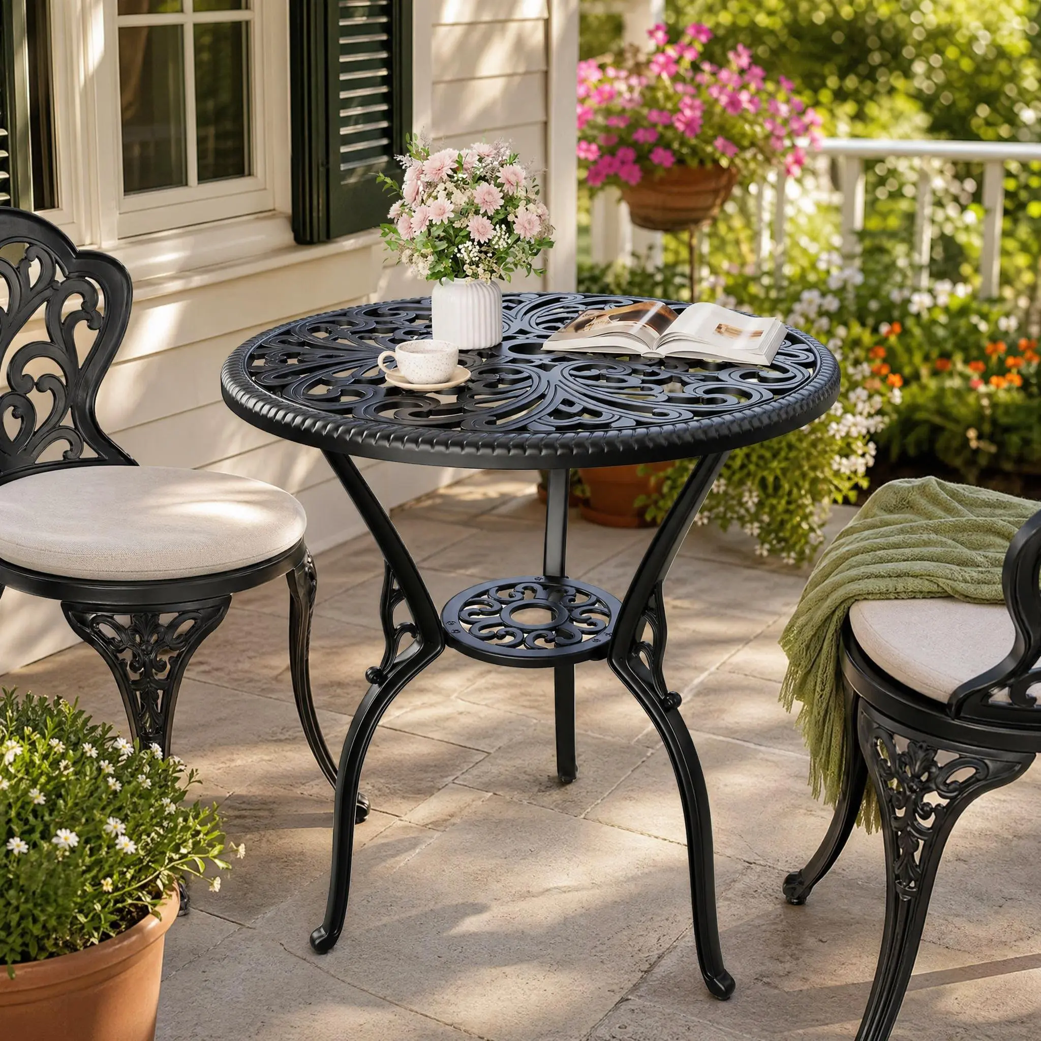 Weather-Resistant Cast Aluminum 23 Inch Round Patio Dining Table With Umbrella Hole, Durable & Weather-Resistant Aluminum Outdoor Bistro Table, Side Table For Backyard Garden Patio Porch