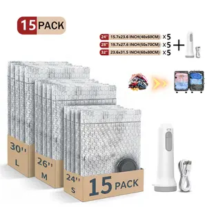 Cordless Travel Vacuum Storage Compression Bag Set – 15-Pack in 3 Sizes – USB Rechargeable Handheld Pump with Built-In Battery – Waterproof & Reusable Space Saver for Clothes & Packing, Perfect for Carry-On Suitcases