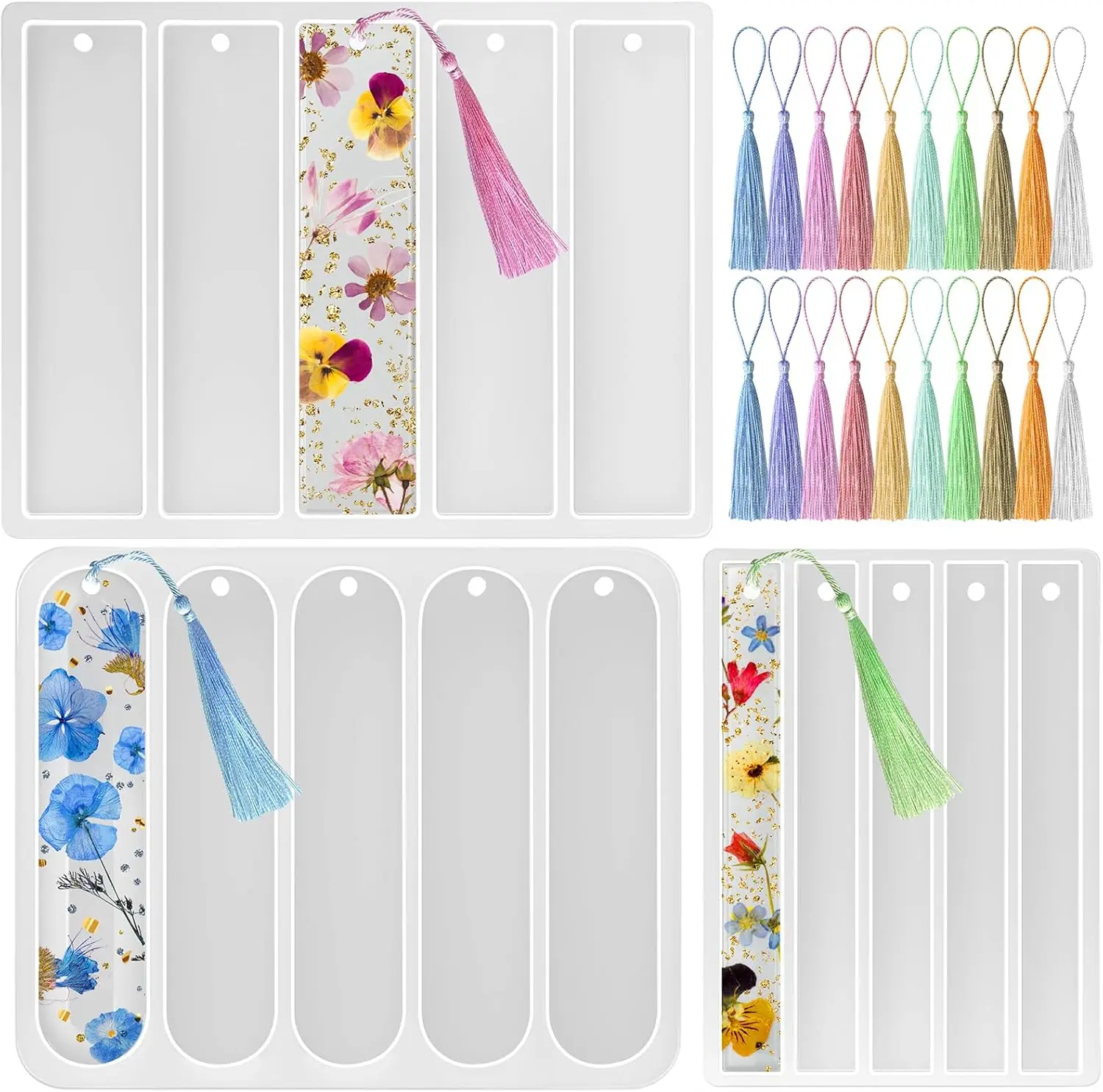 Set of 3 Bookmarks Silicone Mold, Small Medium Rectangle Bookmark Resin Mold Kit with 20 Pcs Tassels for DIY Epoxy Resin Casting Crafts Making Supplies