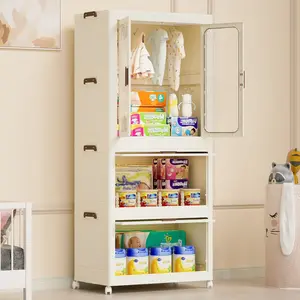 Portable Kids Closet Storage Organizer for Clothes, Children's Wardrobe Closet with Magnetic Doors, Plastic Baby Wardrobe Storage Cabinet with 4 Cubes, Hanging Rod & 10 Hangers
