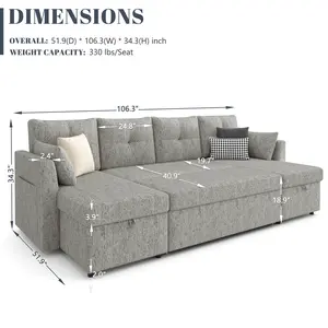Sleeper Sofa Couch, 106 inch 2 in 1 Pullout Couch Bed with Double Storage Chaise, Sectional Sleeper Sofa Bed with Side Pocket for Living Room # daybed